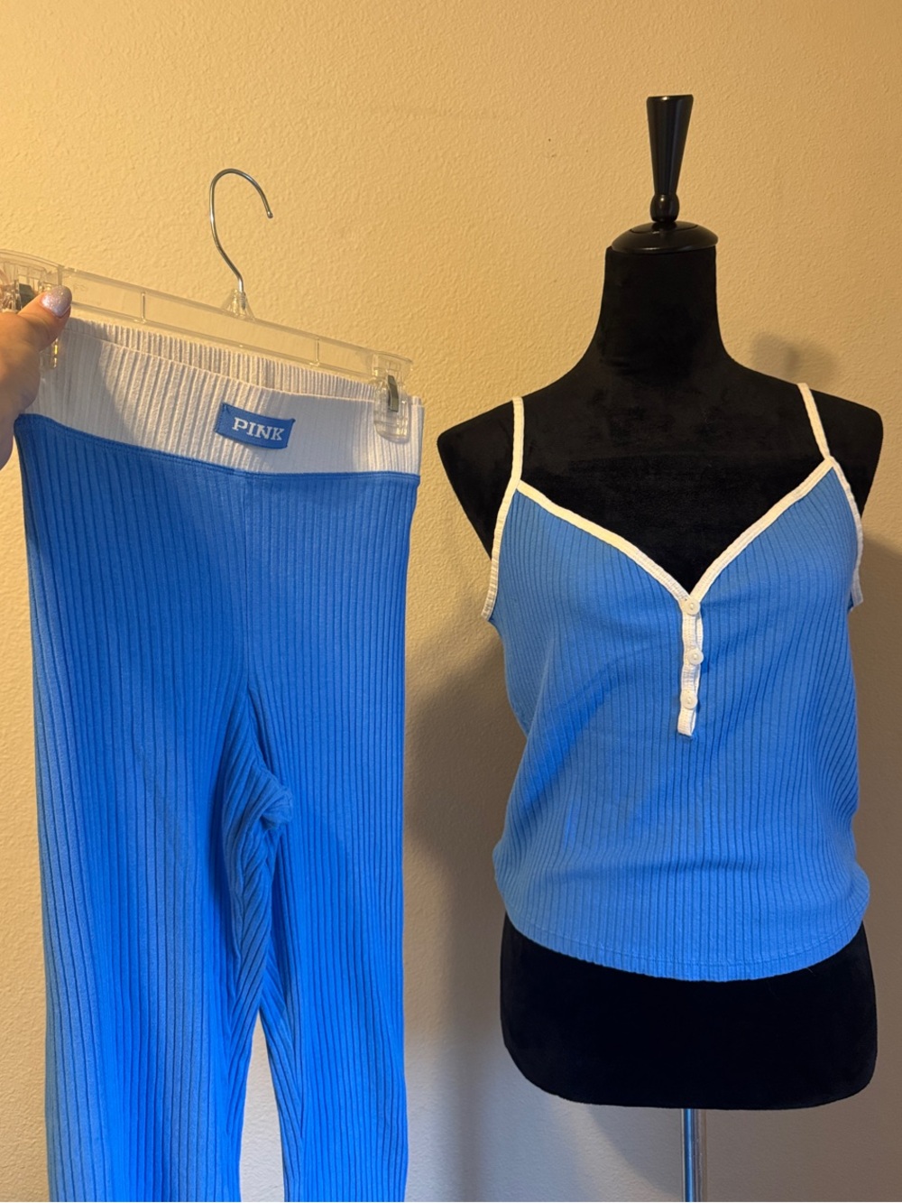 PINK Victoria's Secret Sky Blue Ribbed Cami & Leggings Set with Cream Trim